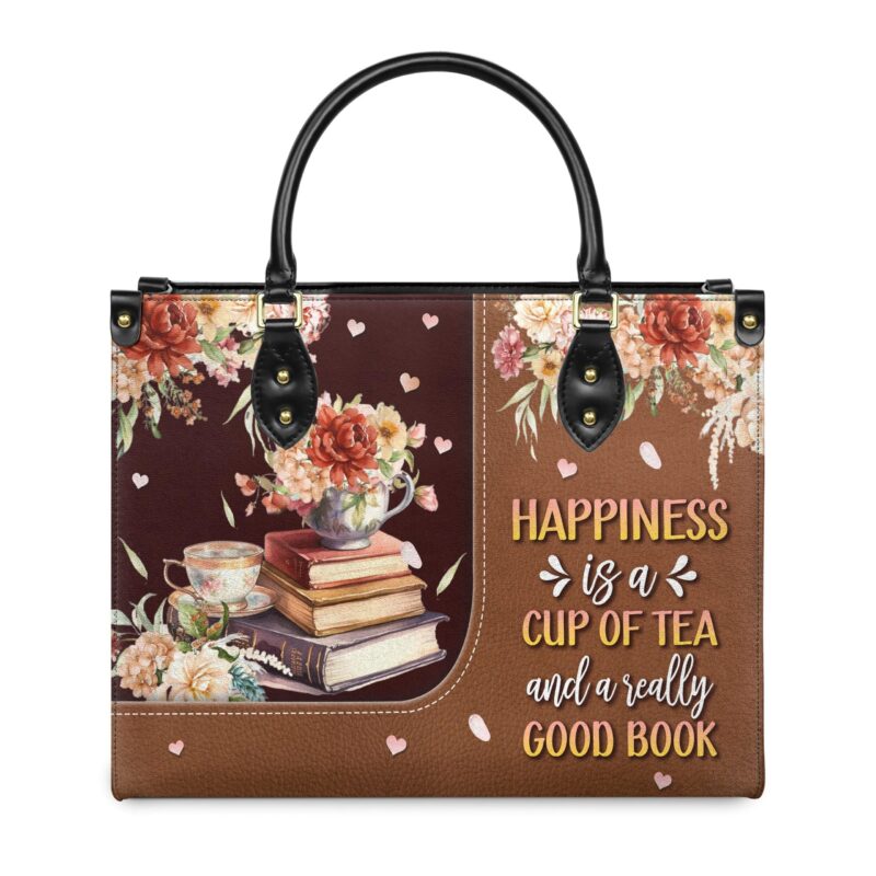 Happiness Is A Cup Of Tea And A Really Good Book Leather Bag, view 11, handmade book lover gift