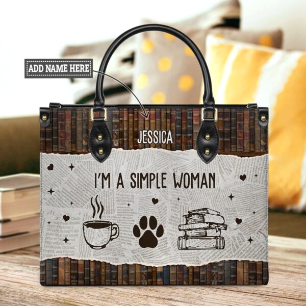 I Am A Simple Woman Leather Bag - Personalized Dog & Coffee Quote, handmade literary leather handbag