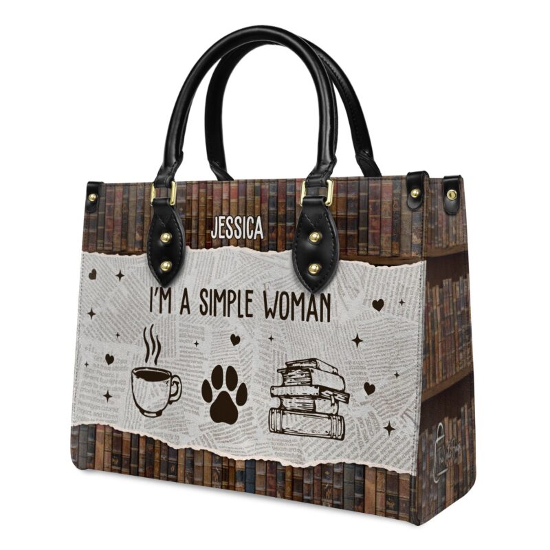 I Am A Simple Woman Leather Bag - Personalized Dog & Coffee Quote, view 3, handmade book lover gift