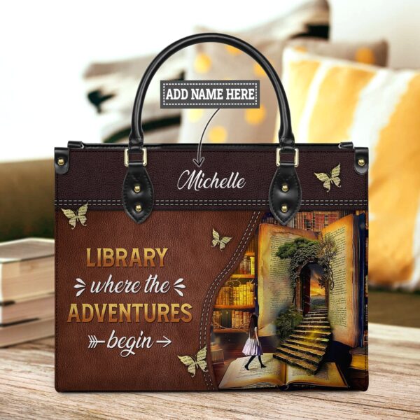 Library Where The Adventures Begin Leather Bag, handmade literary leather handbag