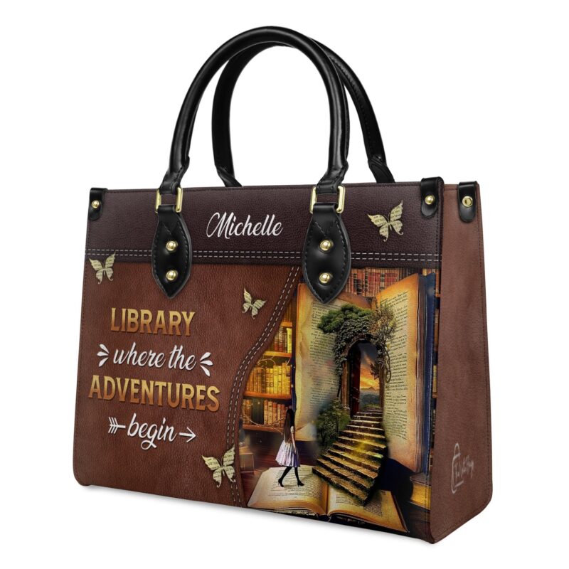 Library Where The Adventures Begin Leather Bag, view 3, handmade book lover gift