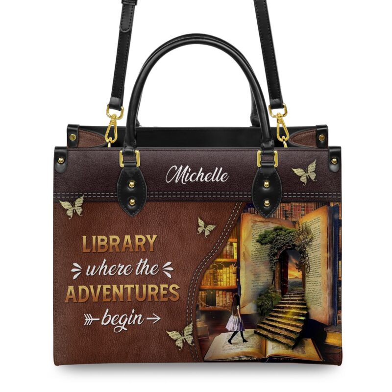 Library Where The Adventures Begin Leather Bag, view 4, handmade book lover gift