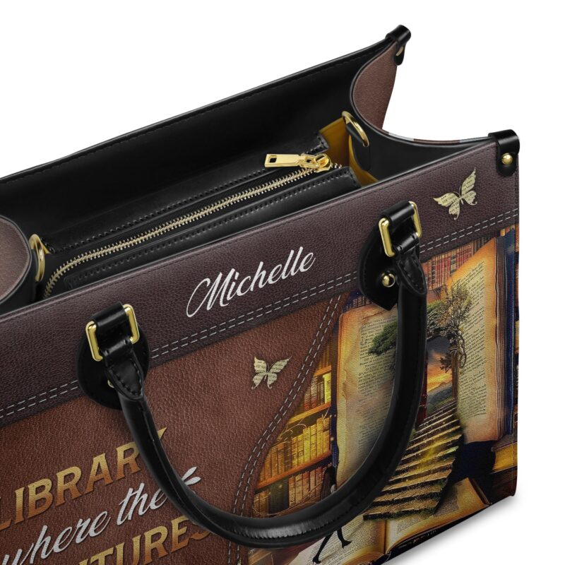 Library Where The Adventures Begin Leather Bag, view 6, handmade book lover gift