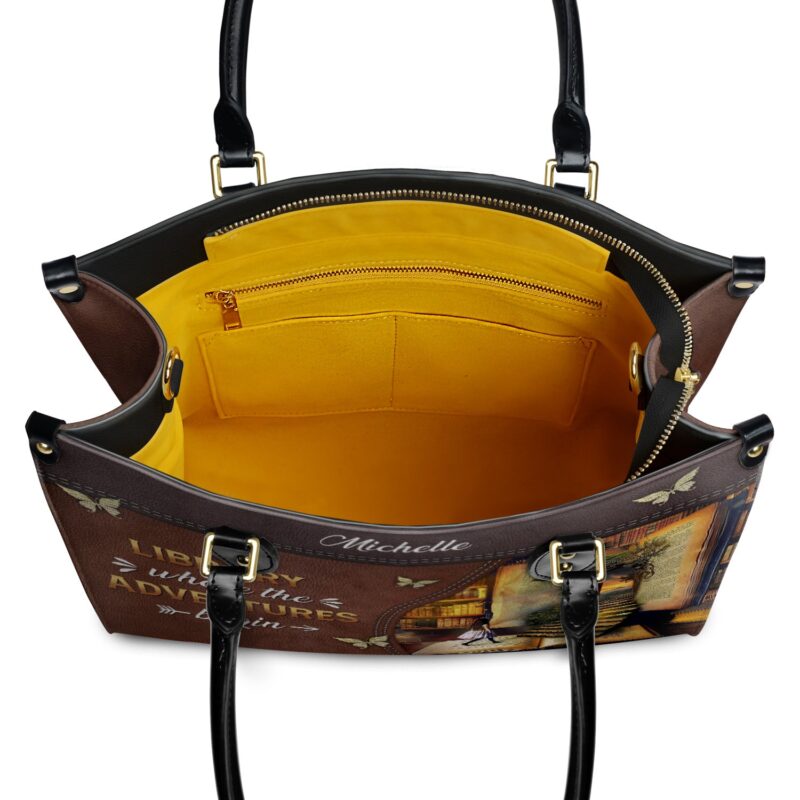 Library Where The Adventures Begin Leather Bag, view 8, handmade book lover gift