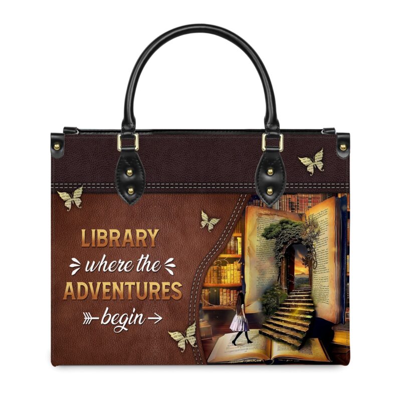 Library Where The Adventures Begin Leather Bag, view 10, handmade book lover gift
