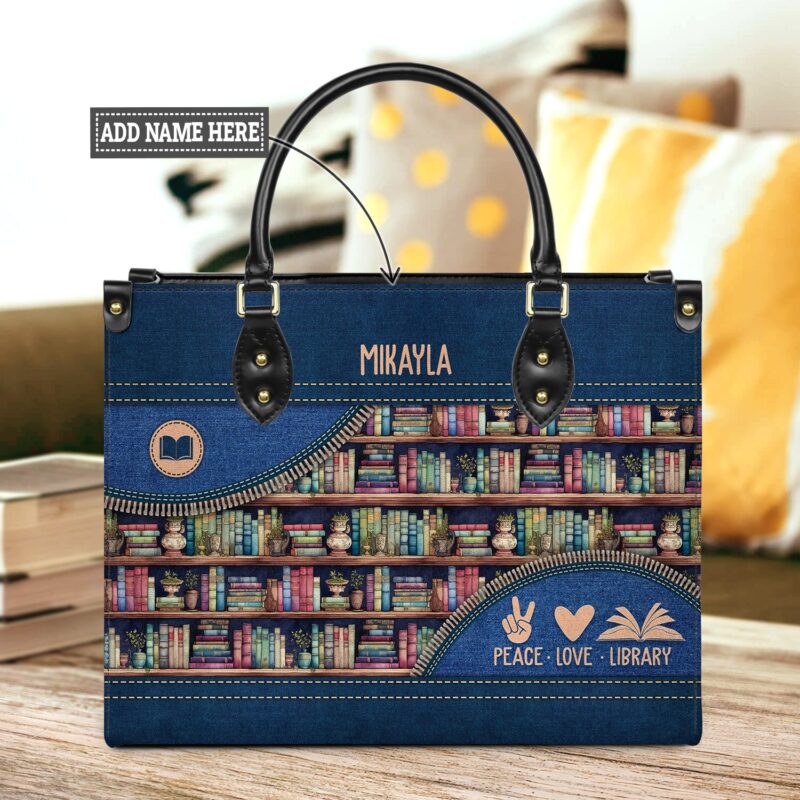 Peace Love Library Leather Bag, handmade literary leather handbag