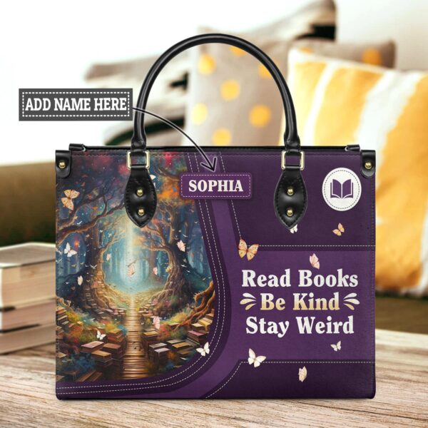 Read Books Be Kind Stay Weird Leather Bag, handmade literary leather handbag