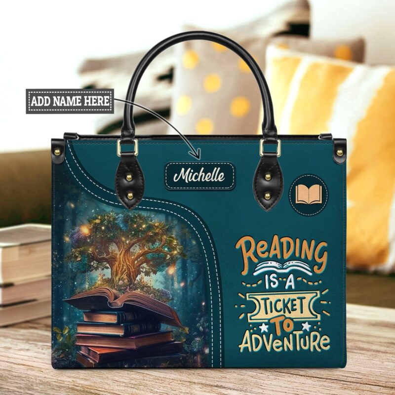 Reading Is A Ticket To Adventure Leather Bag, handmade literary leather handbag