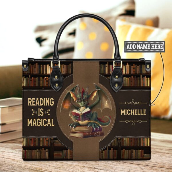 Reading is Magical Leather Bag - Dragon Design, Premium Handmade, handmade literary leather handbag