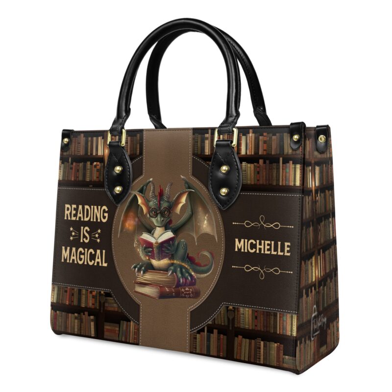 Reading is Magical Leather Bag - Dragon Design, Premium Handmade, view 3, handmade book lover gift