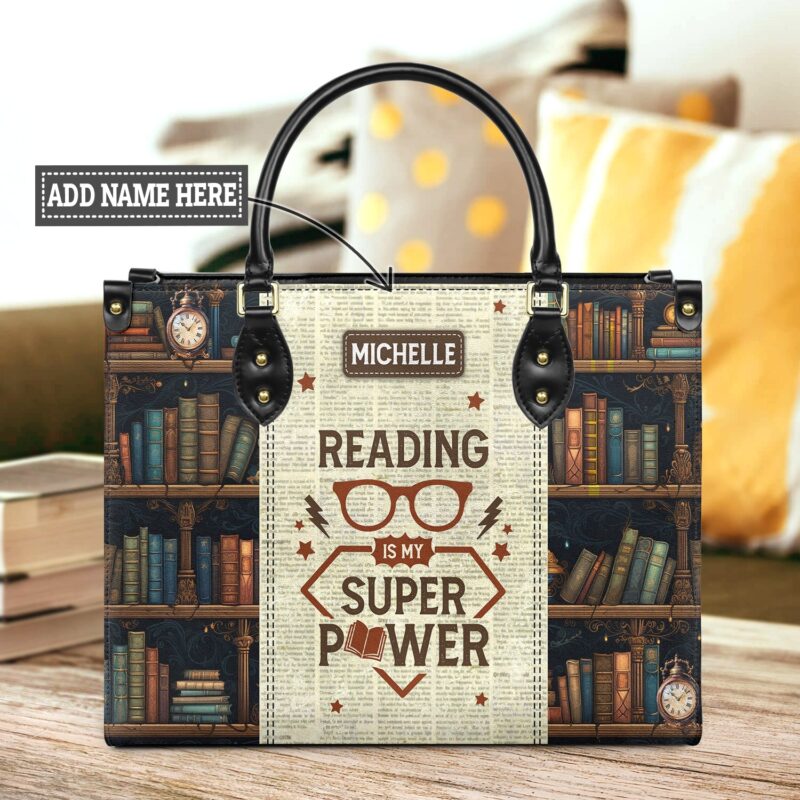 Reading is My Superpower Leather Bag, handmade literary leather handbag