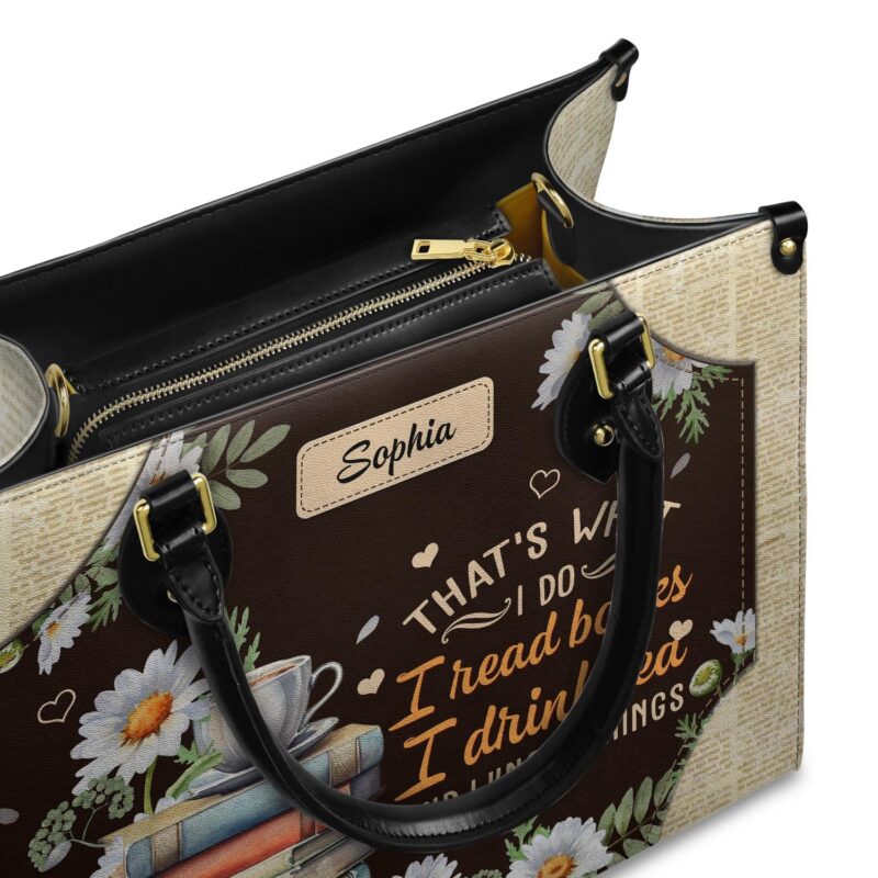 Thats What I Do I Read Books I Drink Tea And I Know Things Leather Bag, view 6, handmade book lover gift