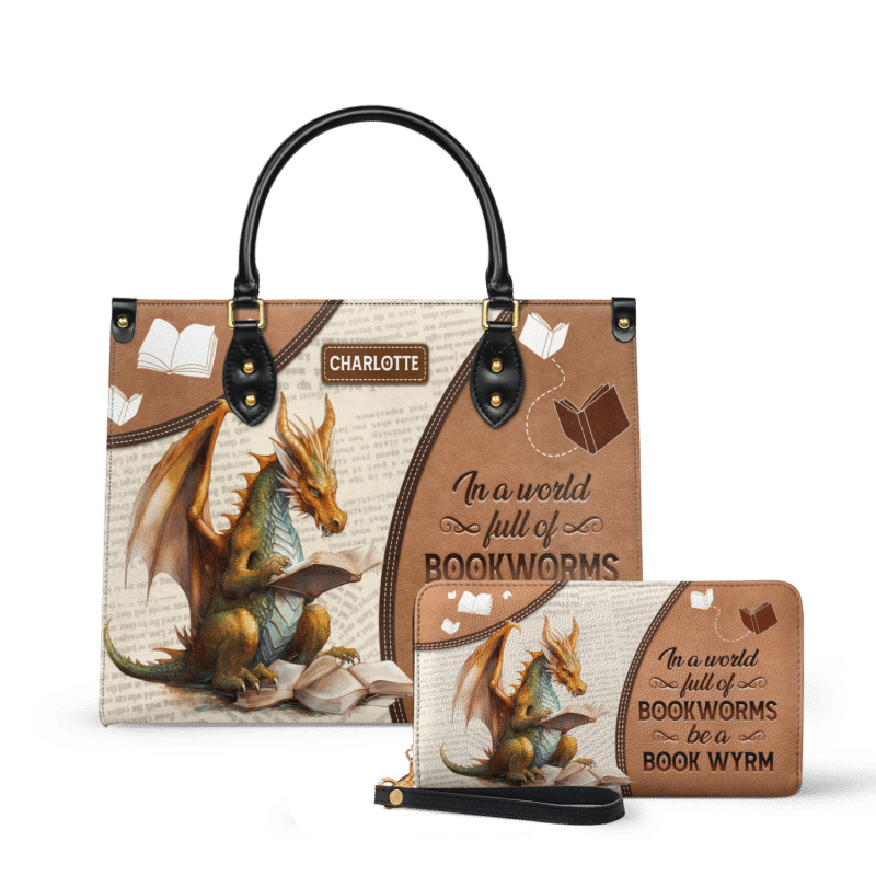 in-a-world-full-of-bookworms-be-a-book-wyrm_LE_Wallet Book Wyrm Leather Bag - Dragon Quote Gift for Readers, view 2, handmade book lover gift