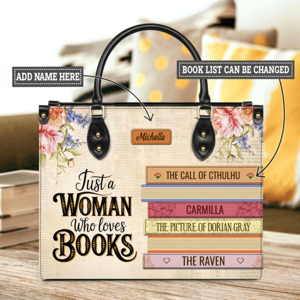 Custom Bookshelf: Just A Woman Who Loves Books Leather Bag, handmade literary leather handbag