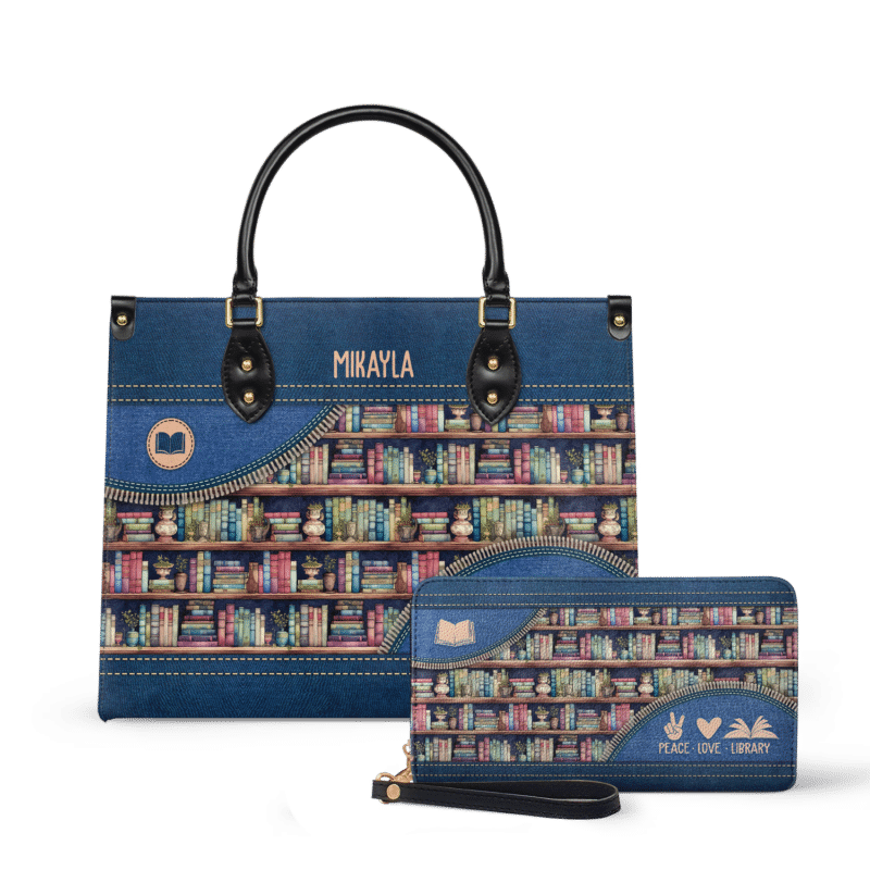 peace-love-library_LE_Wallet Peace Love Library Leather Bag, view 2, handmade book lover gift