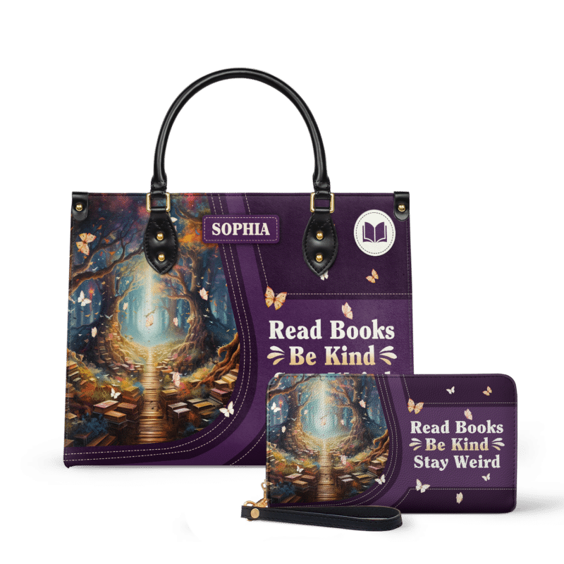 read-books-be-kind-stay-weird_LE_Wallet Read Books Be Kind Stay Weird Leather Bag, view 2, handmade book lover gift