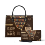 Readers Are Leaders Leather Bag, view 2, handmade book lover gift