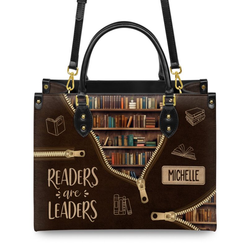 Readers Are Leaders Leather Bag, view 4, handmade book lover gift