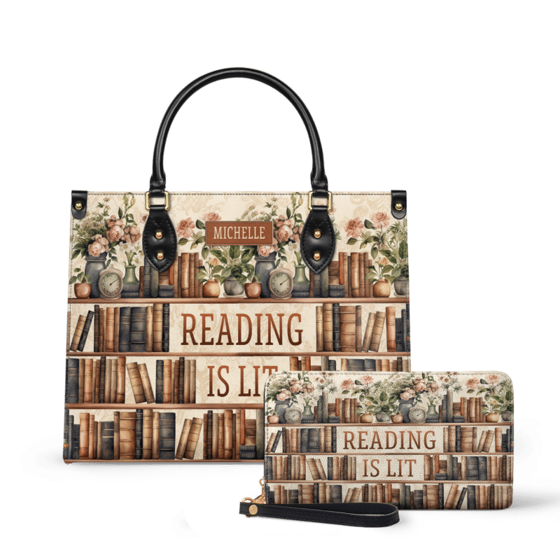 reading-is-lit-bookshelf-flower_LE_Wallet Reading Is Lit Bookshelf Leather Bag, view 2, handmade book lover gift