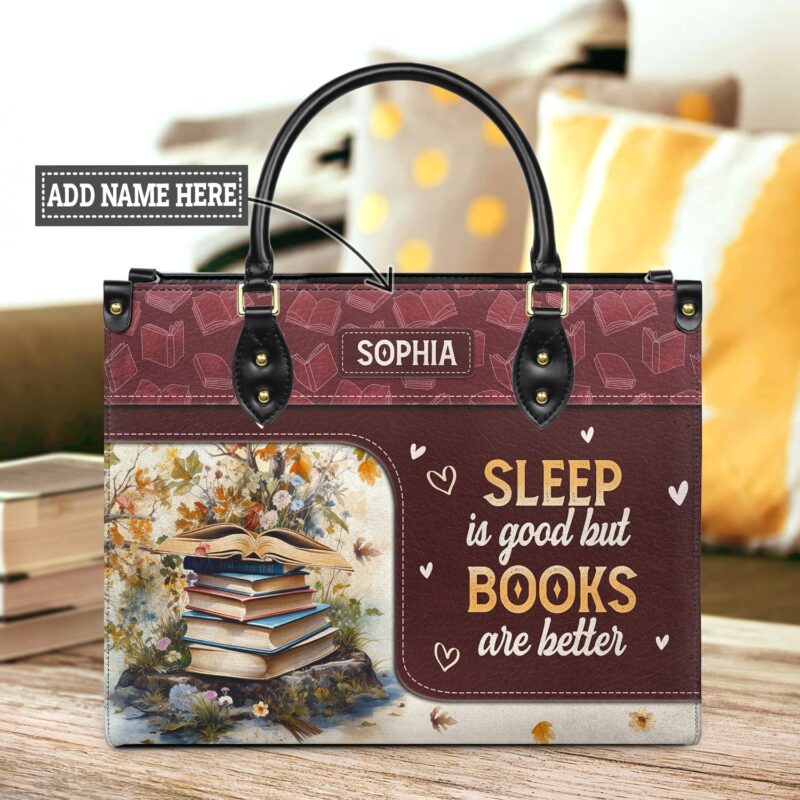 Sleep Is Good But Books Are Better Leather Bag - Red Quote Tote, handmade literary leather handbag