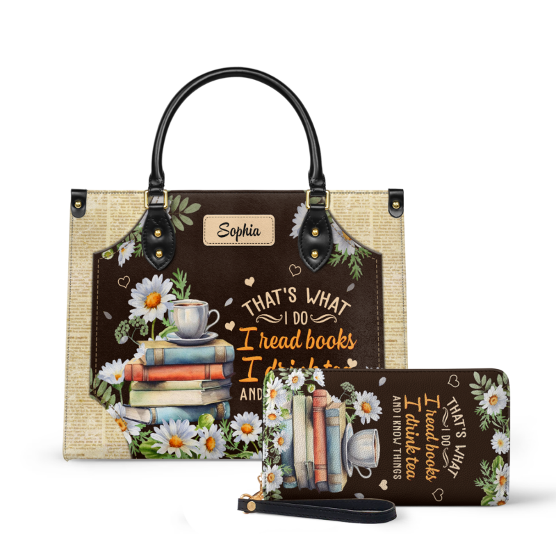 Thats What I Do I Read Books I Drink Tea And I Know Things Leather Bag, view 2, handmade book lover gift