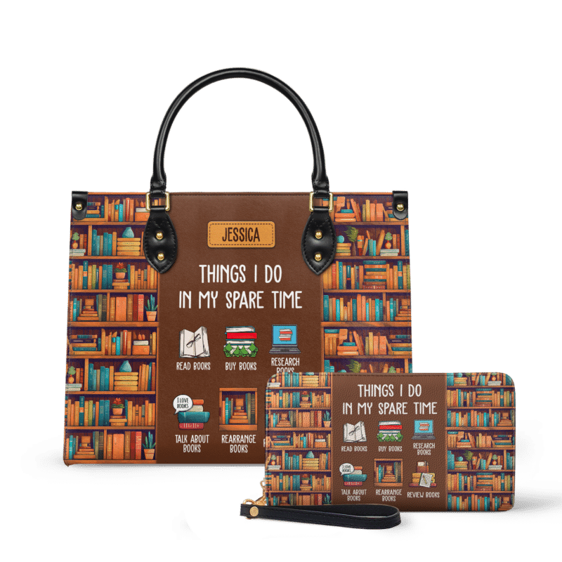 Things I Do In My Spare Time Leather Bag - Handmade Quote Bag, view 2, handmade book lover gift
