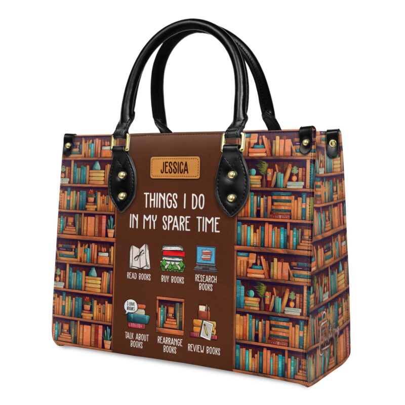 Things I Do In My Spare Time Leather Bag - Handmade Quote Bag, view 3, handmade book lover gift