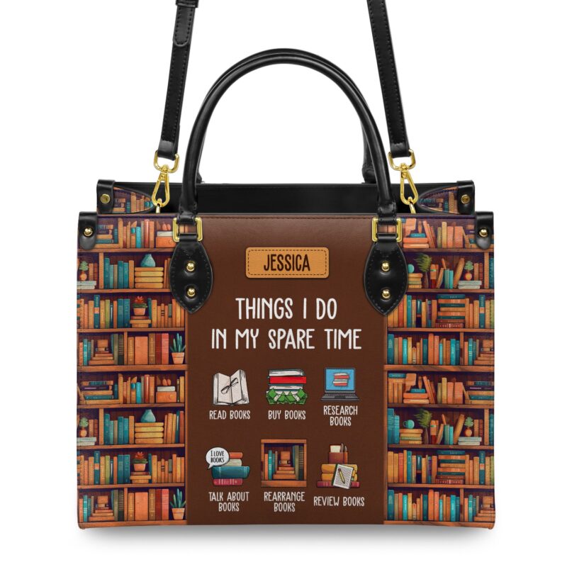 Things I Do In My Spare Time Leather Bag - Handmade Quote Bag, view 4, handmade book lover gift