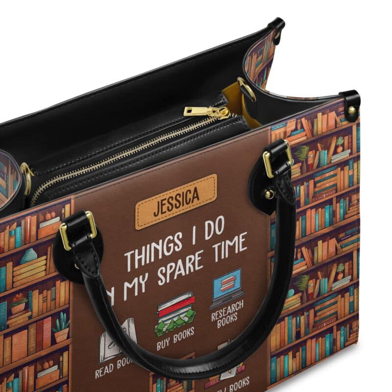 Things I Do In My Spare Time Leather Bag - Handmade Quote Bag, view 6, handmade book lover gift