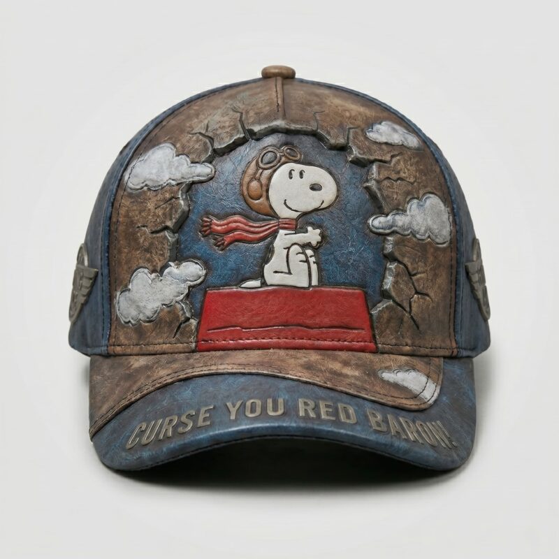 Snoopy Flying Ace Curse You Red Baron Leather Cap