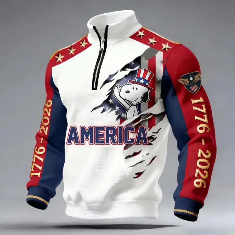 Snoopy 250 Years of America 3D Stand Collar Zip Waffle Sweatshirt