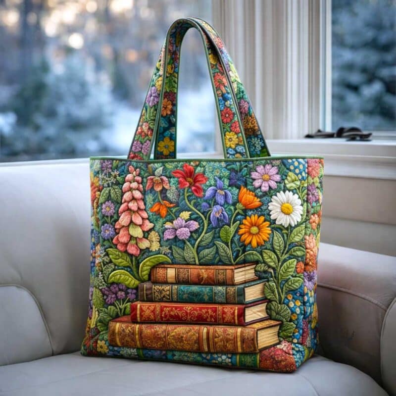 6adc607f8ecb5590b4c3ab203c930831.jpeg Floral Bookshelf Quilted Tote Bag