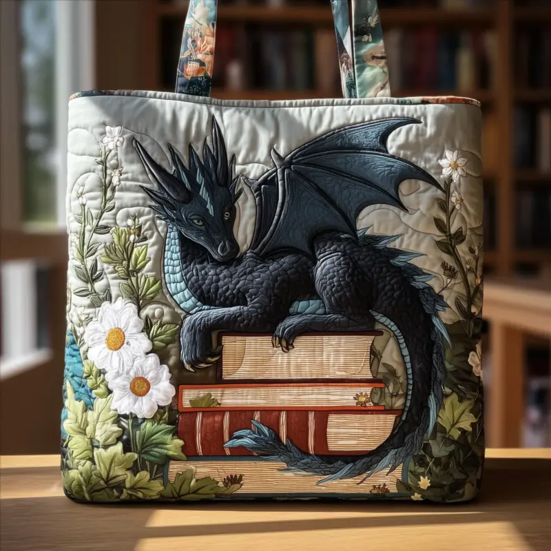8069e96dfdcd429a16518dd6c43cd7b7.webp Book Dragon Quilted Tote Bag