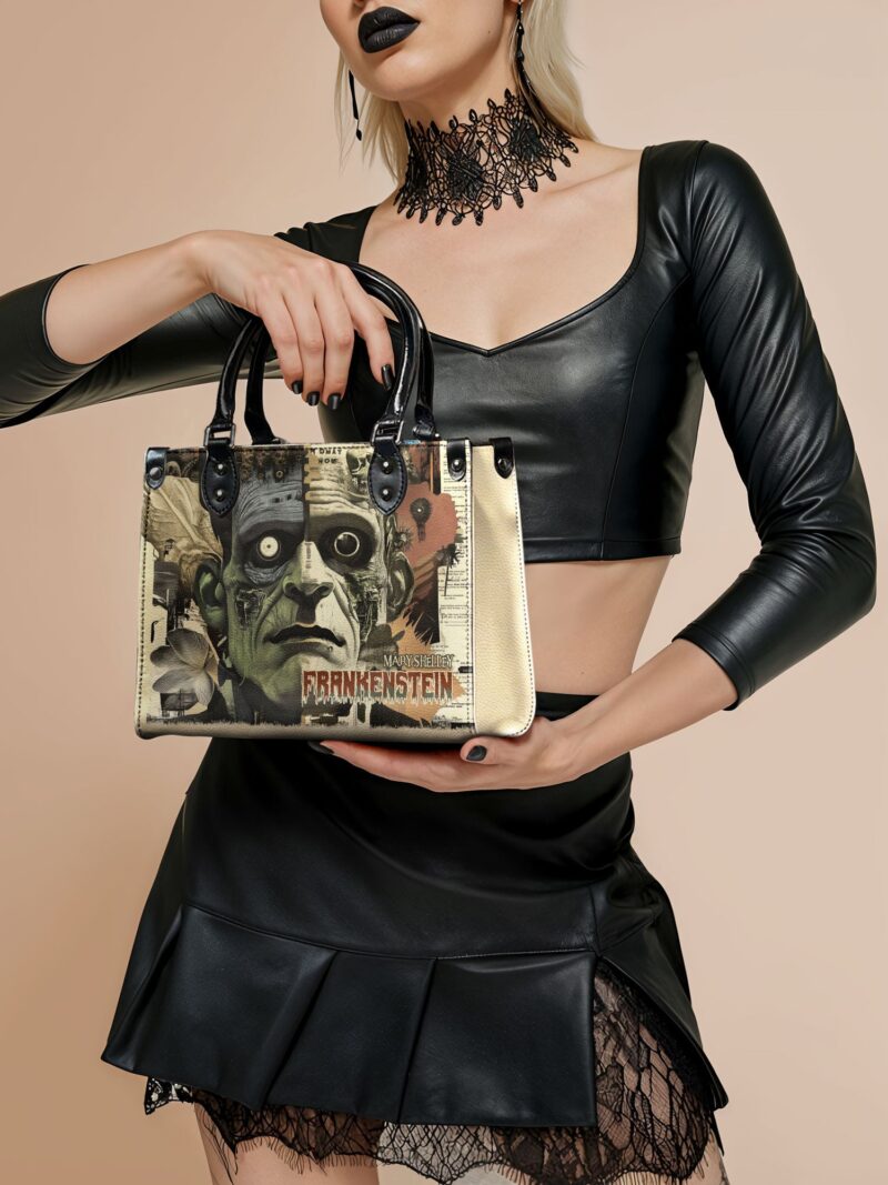 Frankenstein-inuse-1_84f4844e-c095-4e56-a209-0bbcfc519b20.jpg Frankenstein Old Parchment Small Leather Handbag, Black Interior