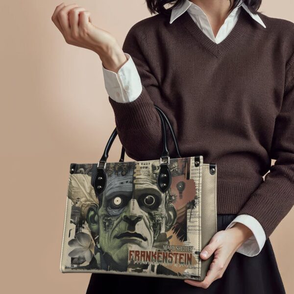 Frankenstein Old Parchment Leather Handbag, Black Interior