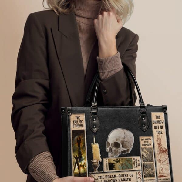 Lovecraftian Black Leather Handbag, Black Interior