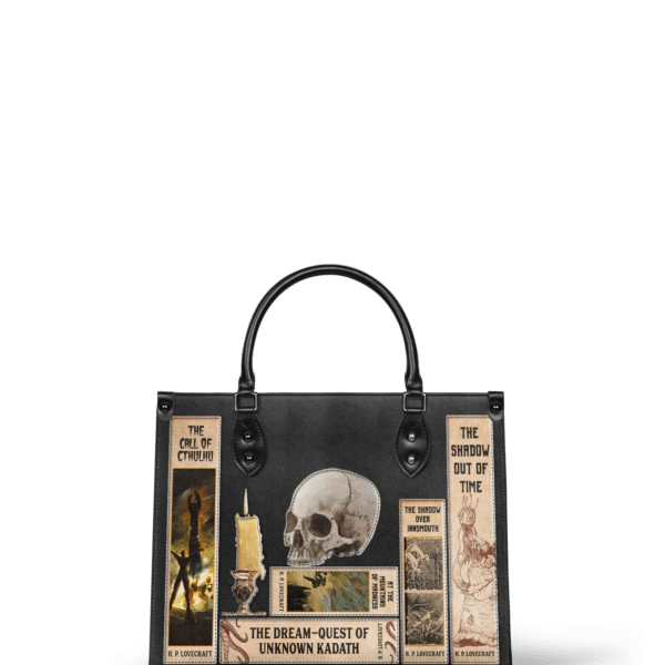Lovecraftian Black Leather Handbag, Black Interior