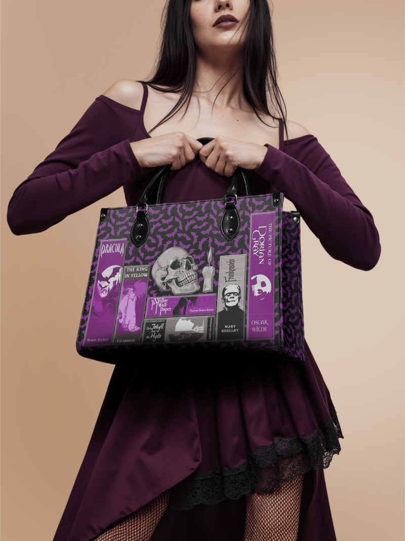 Poe-Bat-inuse-1_bd57a345-f435-4e0a-9707-ed1c9665570d.png The Codex of Gothic Tales Violet Echo Leather Handbag, Purple Interior
