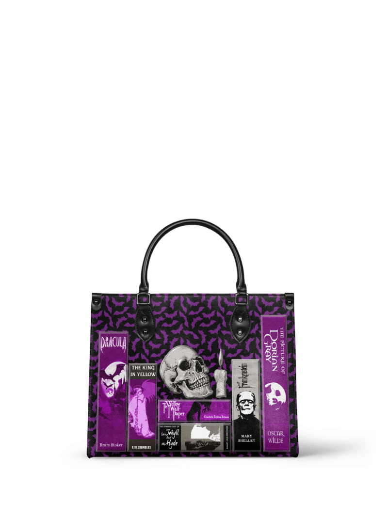 Poe-Bat_mk1_4a77435c-6d24-44a0-8e63-b58a43e37dac.png The Codex of Gothic Tales Violet Echo Leather Handbag, Purple Interior
