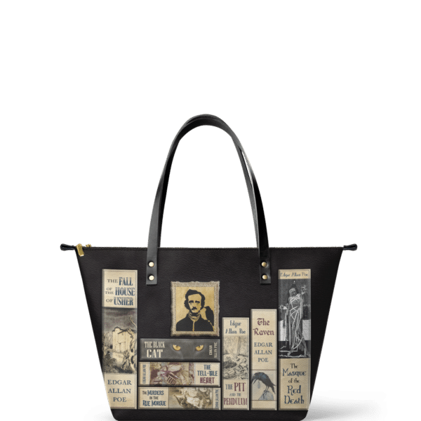 Poe's Library Ashen Black Leather Tote Bag