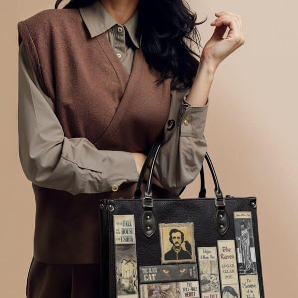 Poe's Library Ashen Black Leather Handbag, Brown Interior