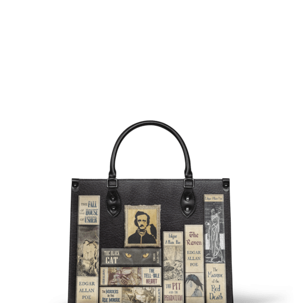 Poe's Library Ashen Black Leather Handbag, Brown Interior