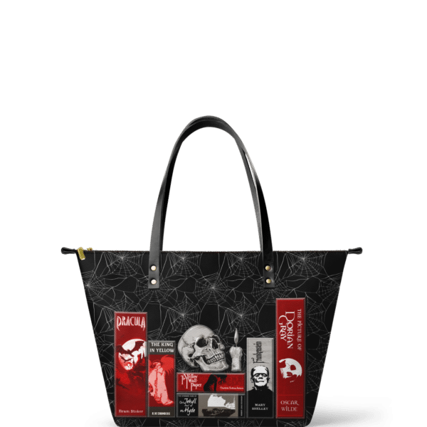 The Codex of Gothic Tales Black Widow’s Kiss Leather Tote Bag