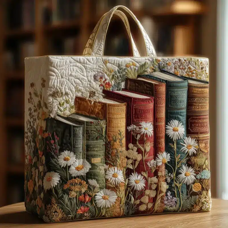 a9e414b5782a352650c3db62a34dbdce.webp Vintage Bookish Quilted Tote Bag