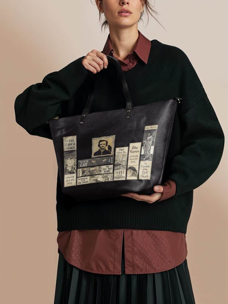 libro-edgar-allan-poe-1_c4dd6501-2791-44bc-a0f7-2ef8a75250f9.jpg Poe's Library Ashen Black Leather Tote Bag