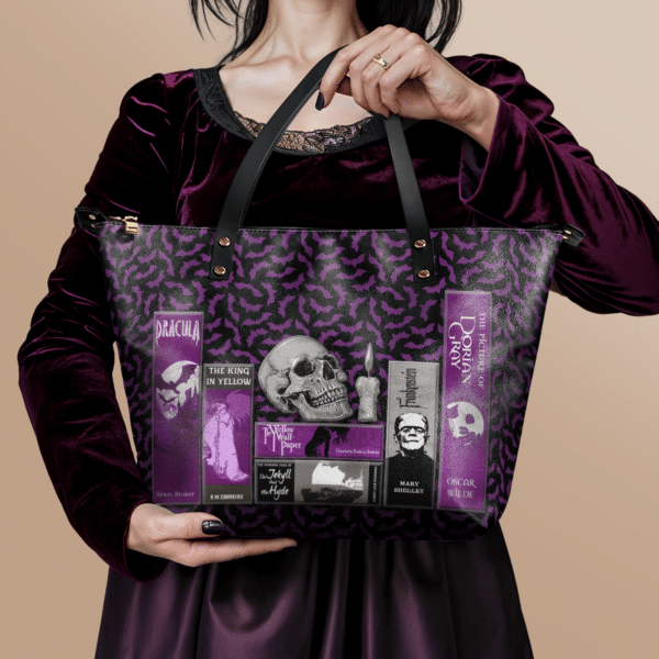 The Codex of Gothic Tales Violet Echo Leather Tote Bag