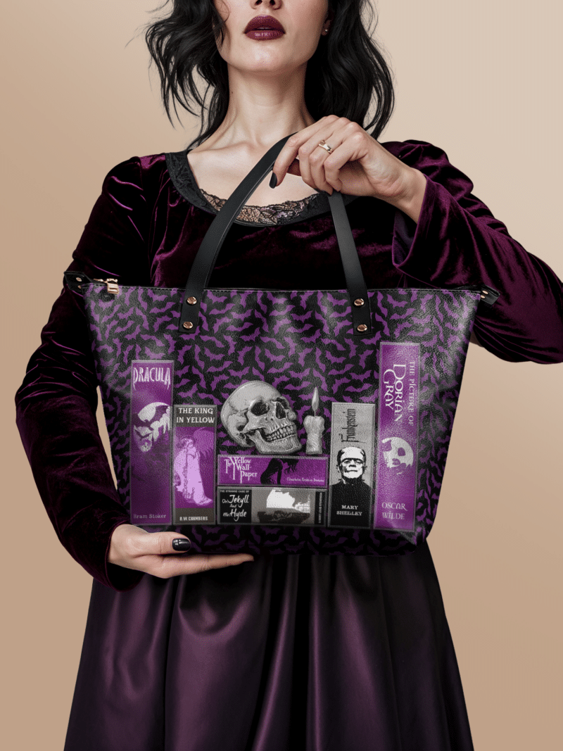 poe-bat-stu-1.png The Codex of Gothic Tales Violet Echo Leather Tote Bag