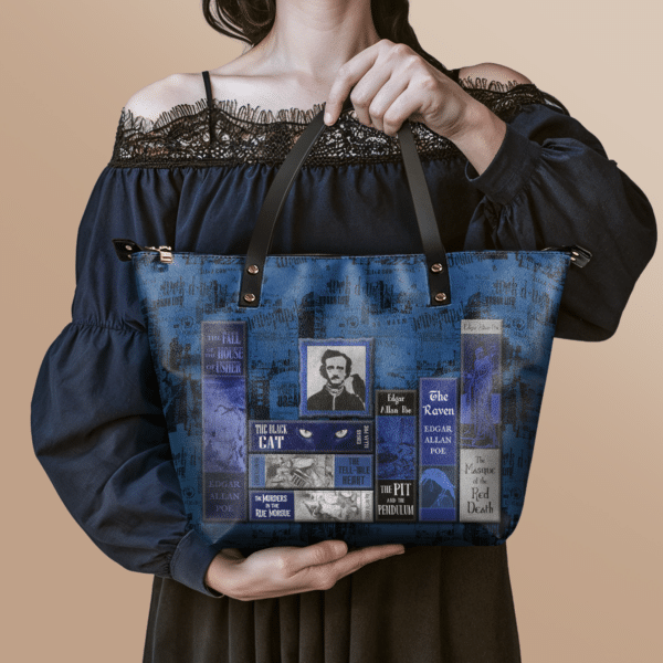 Poe's Library Midnight Ink Leather Tote Bag